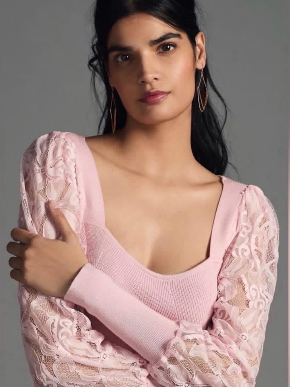 Anthropologie Lightweight Lace-Sleeve Sweater Sz Medium